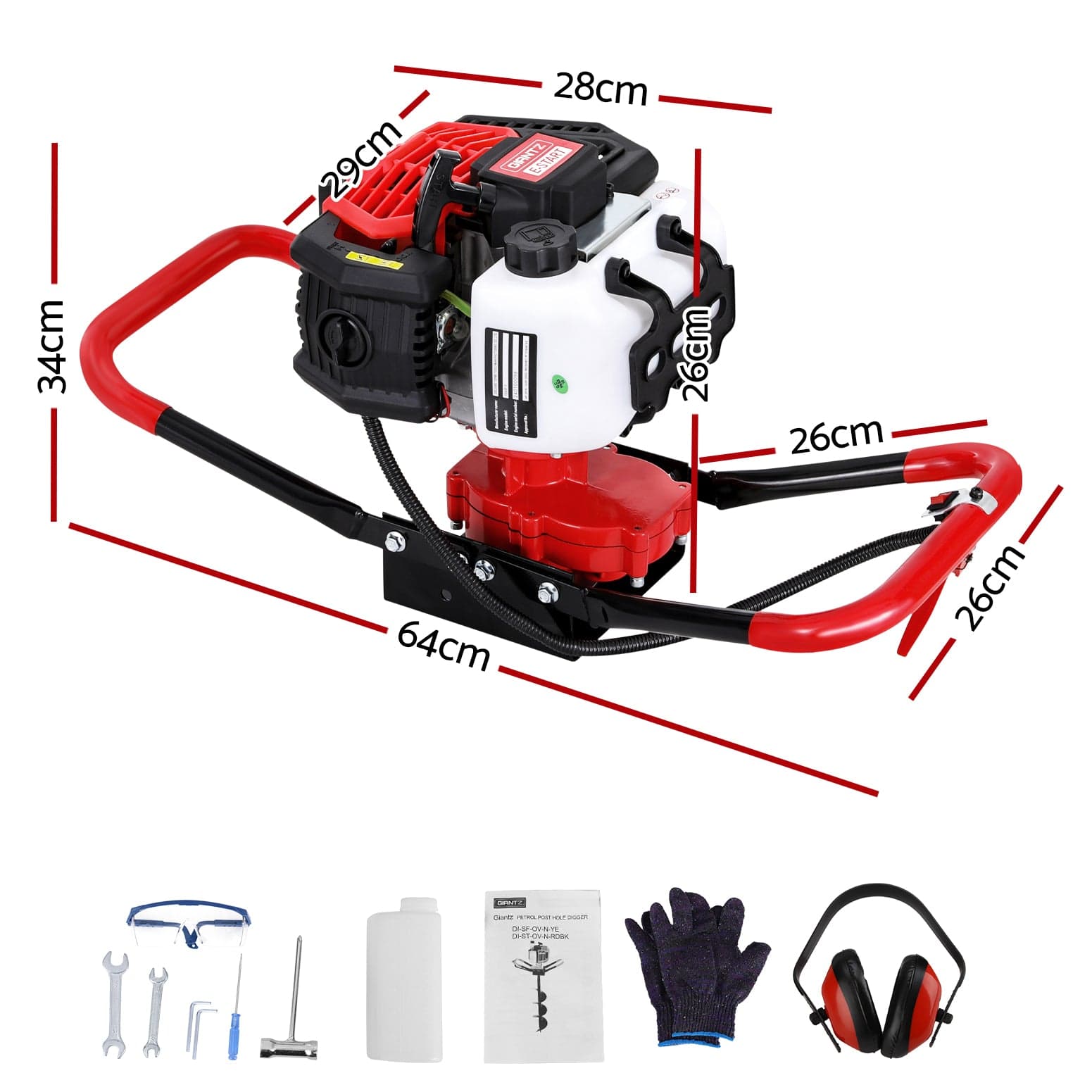 Giantz 65CC Post Hole Digger Motor Only Petrol Engine Red - SportZone.co.nz