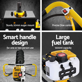 Giantz 74CC Post Hole Digger 200mm Petrol Drill Auger Extension Bits - SportZone.co.nz