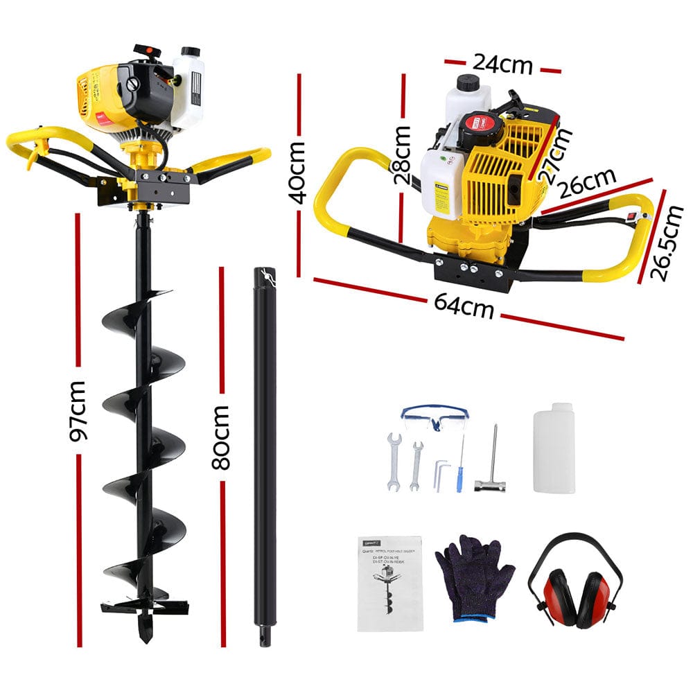 Giantz 74CC Post Hole Digger 200mm Petrol Drill Auger Extension Bits - SportZone.co.nz