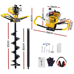 Giantz 74CC Post Hole Digger 200mm Petrol Drill Auger Extension Bits - SportZone.co.nz