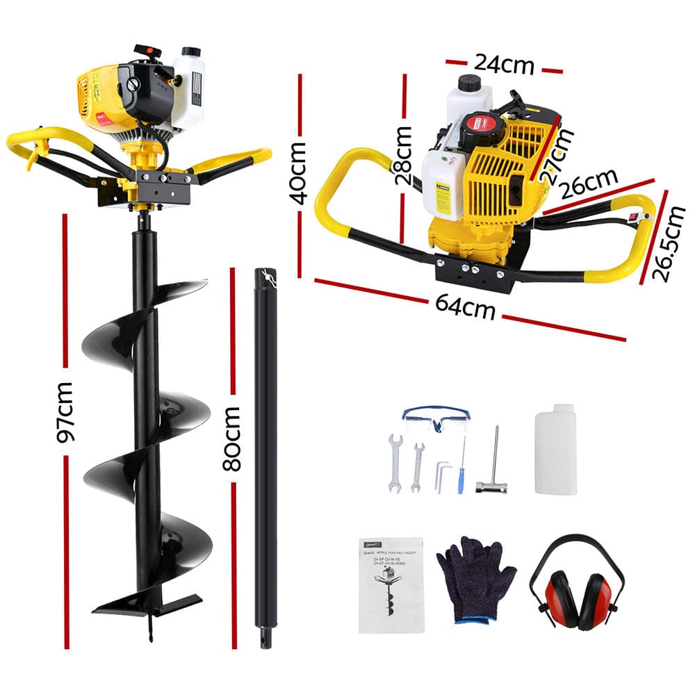 Giantz 74CC Post Hole Digger 300mm Petrol Drill Auger Extension Bits - SportZone.co.nz