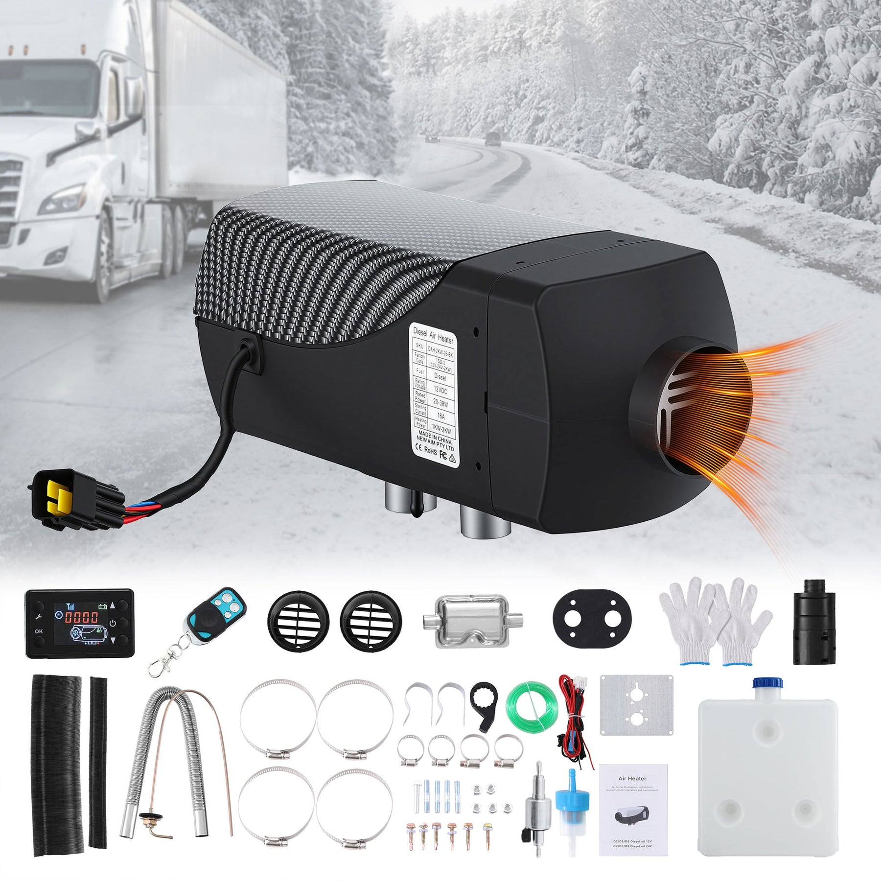 Giantz Diesel Air Heater 12 - 24V 2KW LCD Display Remote Control for Car Bus RV Indoor Black - SportZone.co.nz