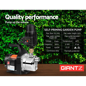 Giantz Garden Water Pump 1500W High Pressure Tank Rain Farm Irrigation Black - SportZone.co.nz