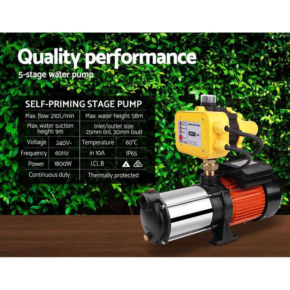 Giantz Garden Water Pump High Pressure 1800W 5 - Stage Tank Irrigation Yellow - SportZone.co.nz