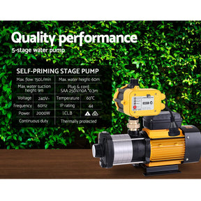 Giantz Garden Water Pump High Pressure 2000W 5 - Stage Tank Irrigation Yellow - SportZone.co.nz