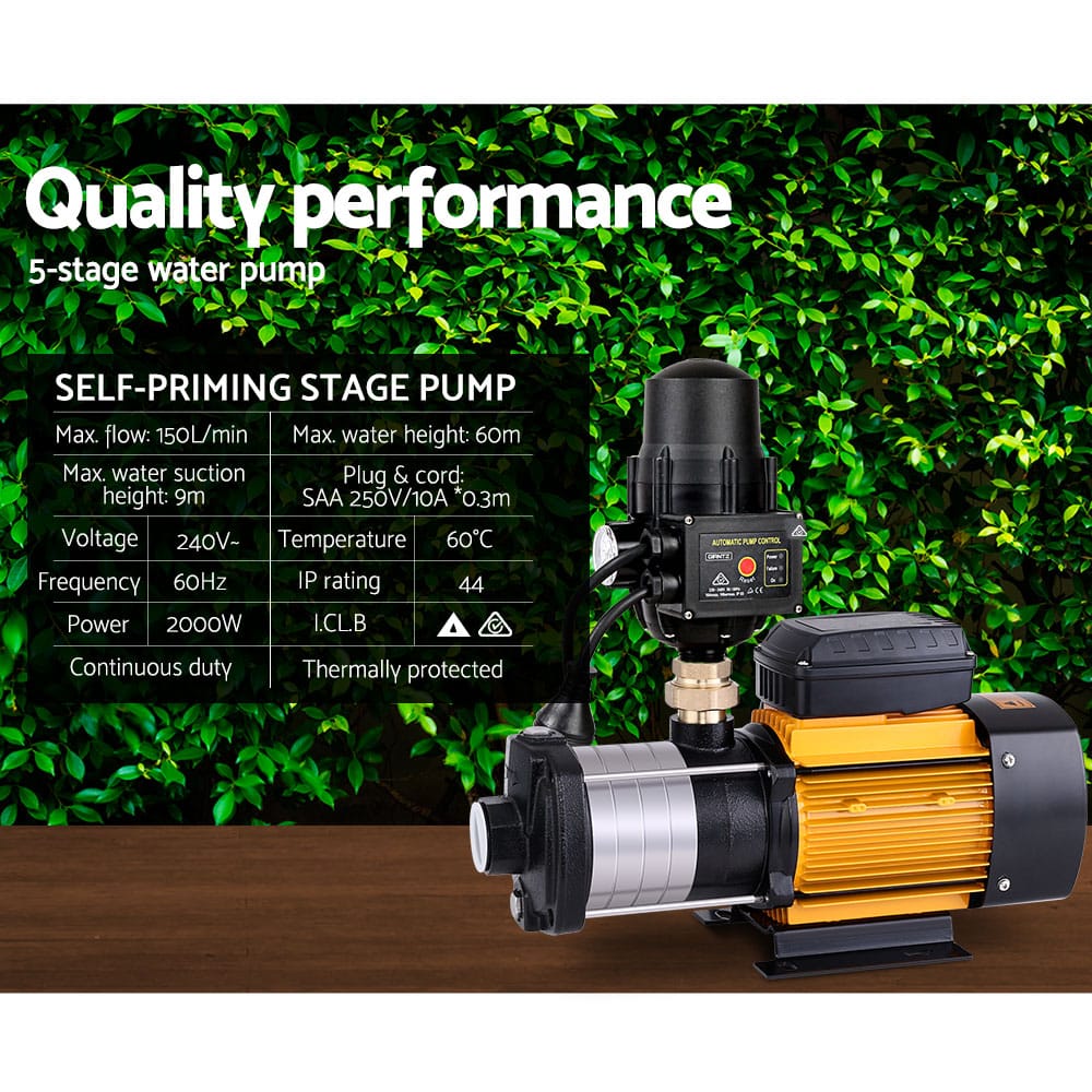Giantz Garden Water Pump High Pressure 2500W 6 - Stage Tank Irrigation Yellow - SportZone.co.nz