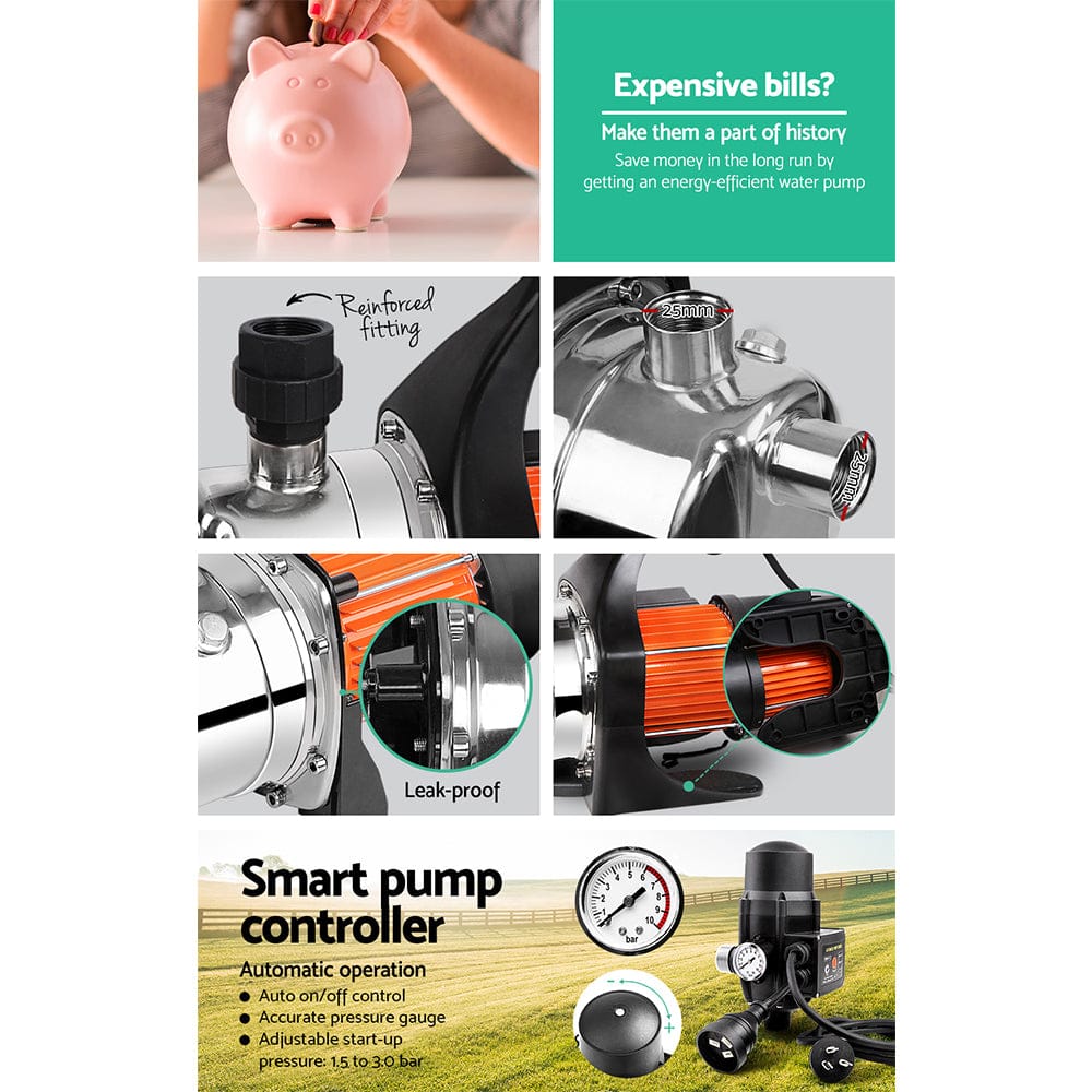 Giantz Garden Water Pump High Pressure 800W Tank Rain Farm Irrigation House Black - SportZone.co.nz