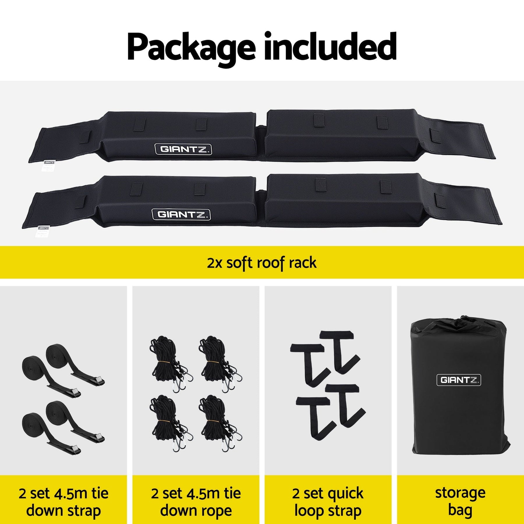 GIANTZ Kayak Roof Rack for Car, Universal Soft Roof Rack Pads for Surfboard SUP Canoe, Roof Bars for SUV Sedan without Side Rails, Portable Cross Bars with 4.5m Tie Down Straps & Ropes, 80kg Capacity - SportZone.co.nz