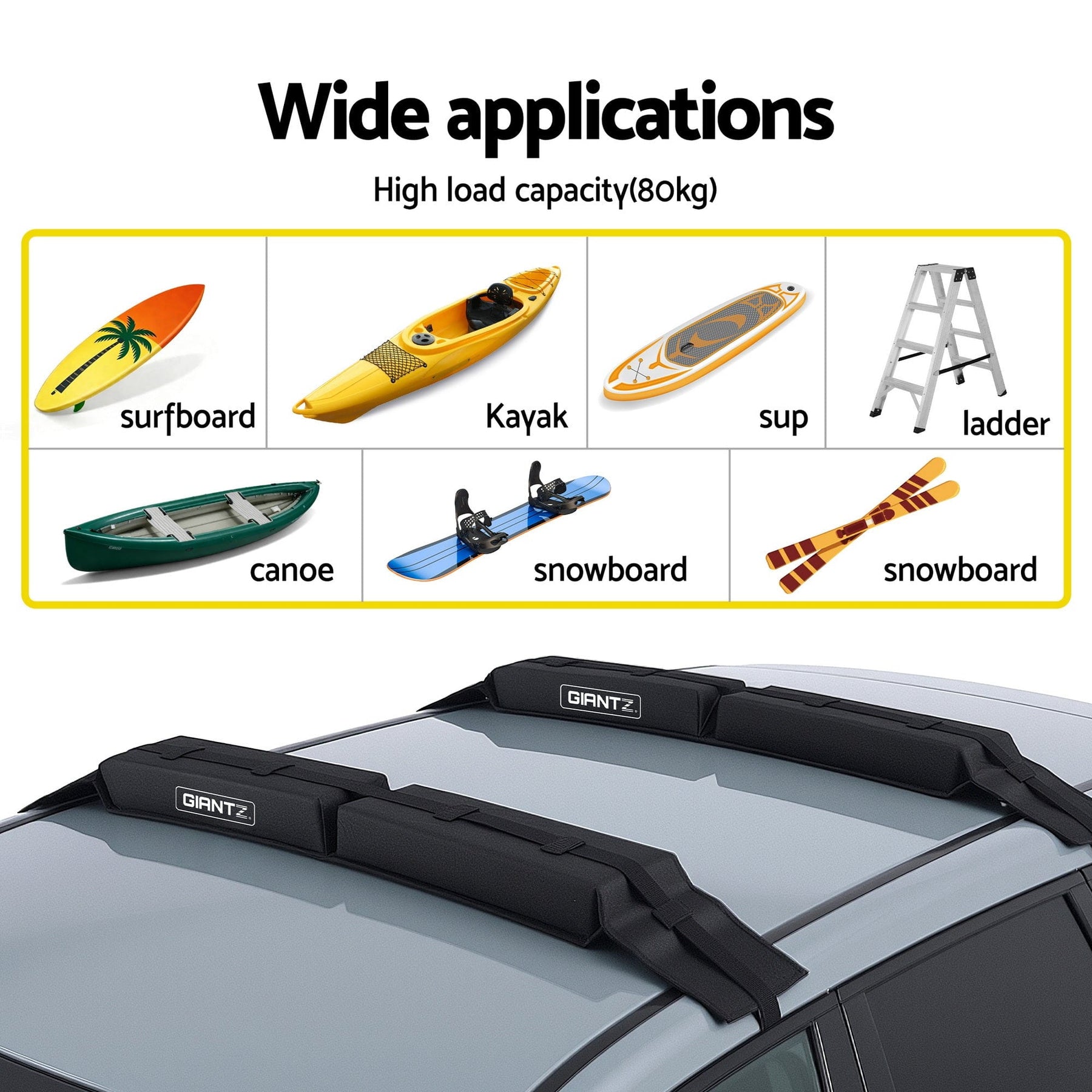 GIANTZ Kayak Roof Rack for Car, Universal Soft Roof Rack Pads for Surfboard SUP Canoe, Roof Bars for SUV Sedan without Side Rails, Portable Cross Bars with 4.5m Tie Down Straps & Ropes, 80kg Capacity - SportZone.co.nz