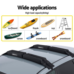 GIANTZ Kayak Roof Rack for Car, Universal Soft Roof Rack Pads for Surfboard SUP Canoe, Roof Bars for SUV Sedan without Side Rails, Portable Cross Bars with 4.5m Tie Down Straps & Ropes, 80kg Capacity - SportZone.co.nz