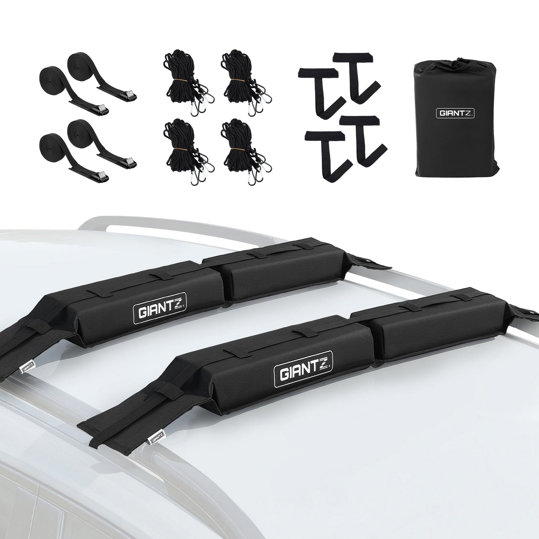 GIANTZ Kayak Roof Rack for Car, Universal Soft Roof Rack Pads for Surfboard SUP Canoe, Roof Bars for SUV Sedan without Side Rails, Portable Cross Bars with 4.5m Tie Down Straps & Ropes, 80kg Capacity - SportZone.co.nz