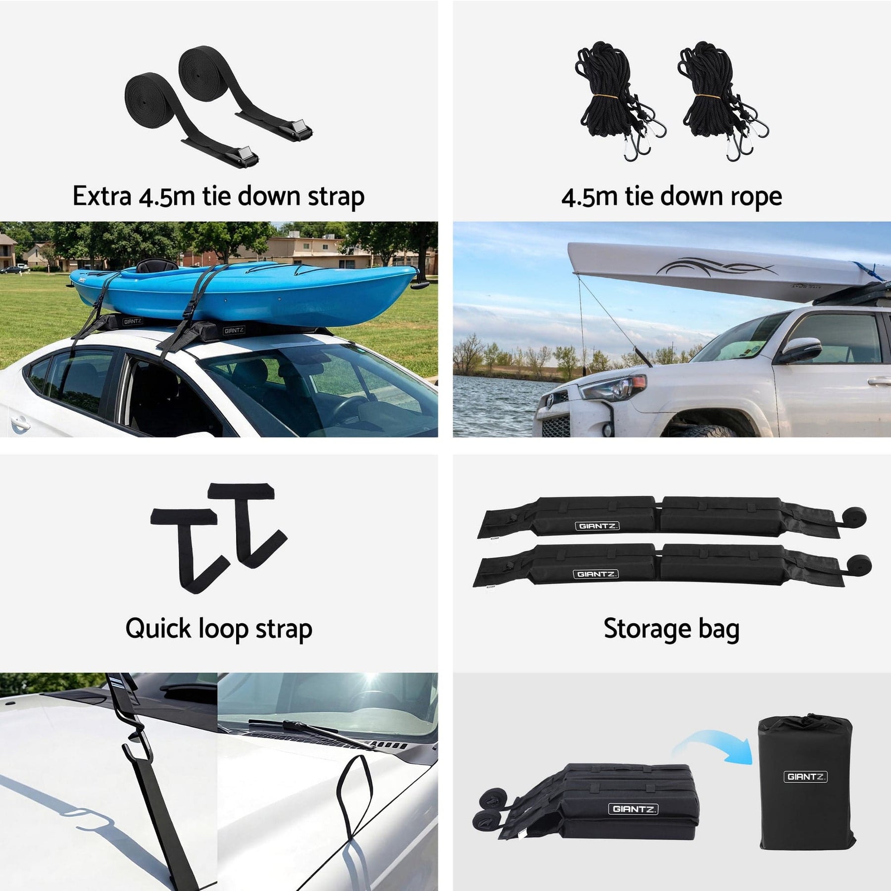 GIANTZ Kayak Roof Rack for Car, Universal Soft Roof Rack Pads for Surfboard SUP Canoe, Roof Bars for SUV Sedan without Side Rails, Portable Cross Bars with 4.5m Tie Down Straps & Ropes, 80kg Capacity - SportZone.co.nz