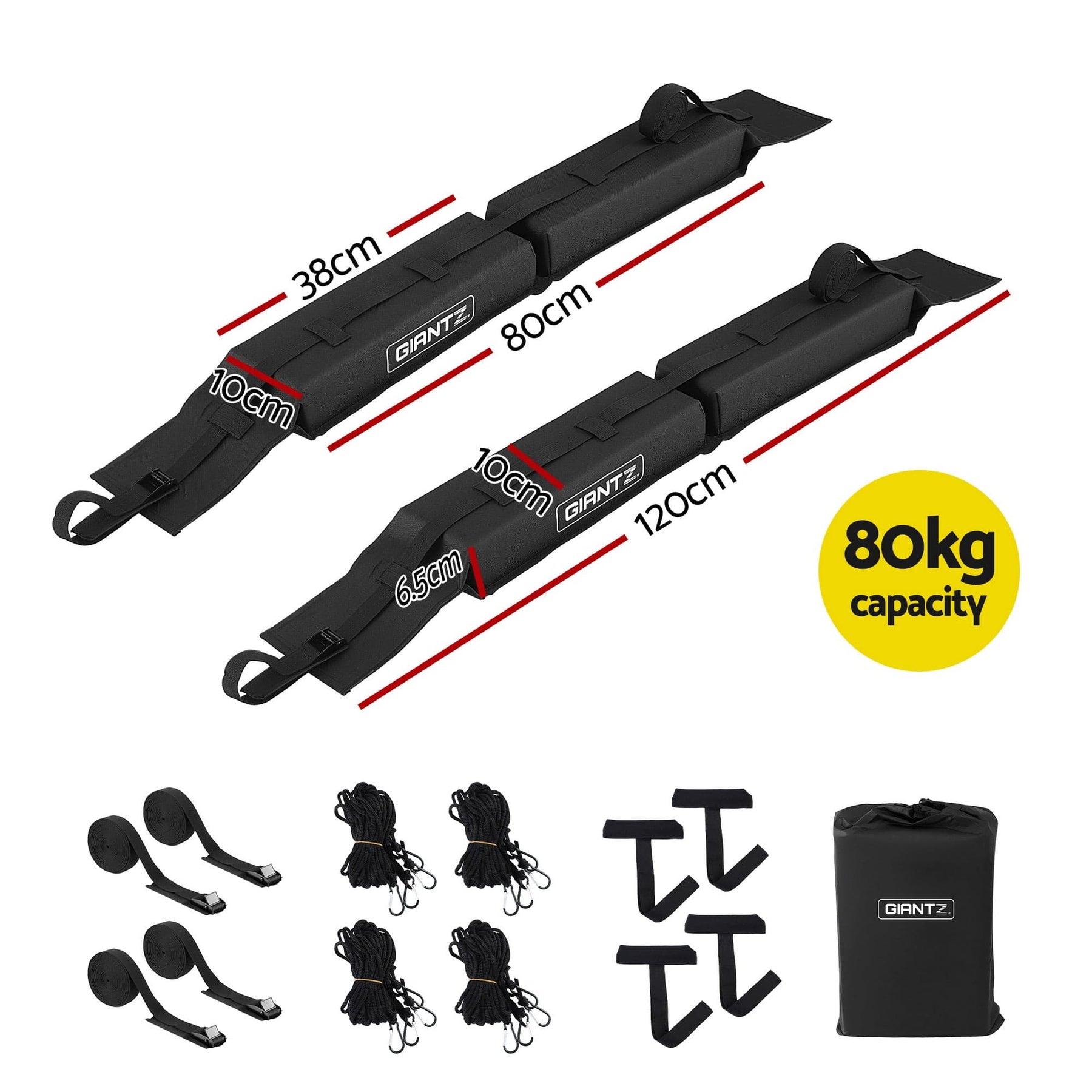 GIANTZ Kayak Roof Rack for Car, Universal Soft Roof Rack Pads for Surfboard SUP Canoe, Roof Bars for SUV Sedan without Side Rails, Portable Cross Bars with 4.5m Tie Down Straps & Ropes, 80kg Capacity - SportZone.co.nz