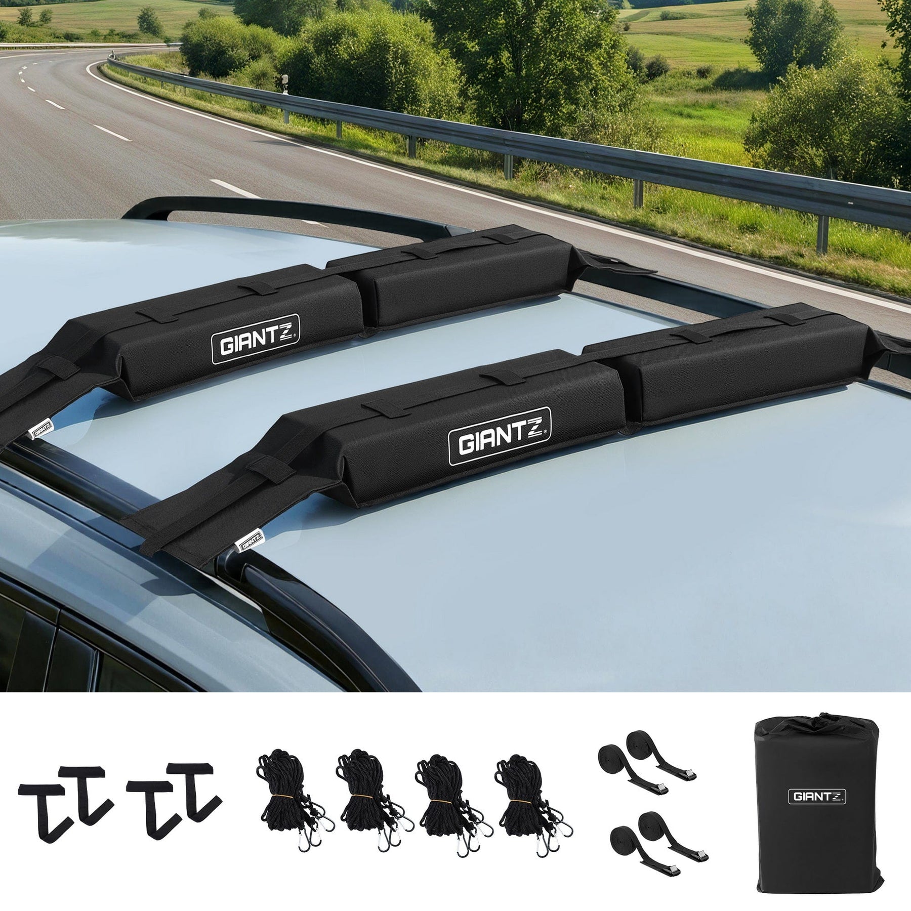 GIANTZ Kayak Roof Rack for Car, Universal Soft Roof Rack Pads for Surfboard SUP Canoe, Roof Bars for SUV Sedan without Side Rails, Portable Cross Bars with 4.5m Tie Down Straps & Ropes, 80kg Capacity - SportZone.co.nz