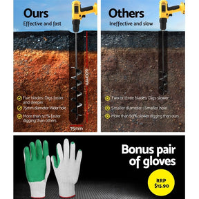 GIANTZ Power Garden Auger Small Earth Planter 75 X 600MM Black - SportZone.co.nz