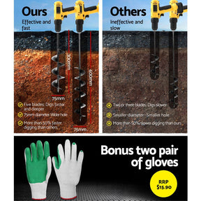 Giantz Power Garden Spiral Auger Hole Digger Earth Drill Bit 75x300 & 600mm - SportZone.co.nz