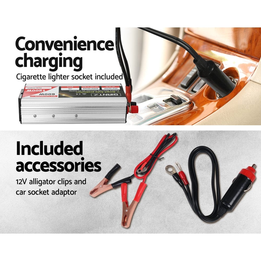 Giantz Power Inverter 600W/1200W 12V to 240V Pure Sine Wave Camping Car Boat - SportZone.co.nz