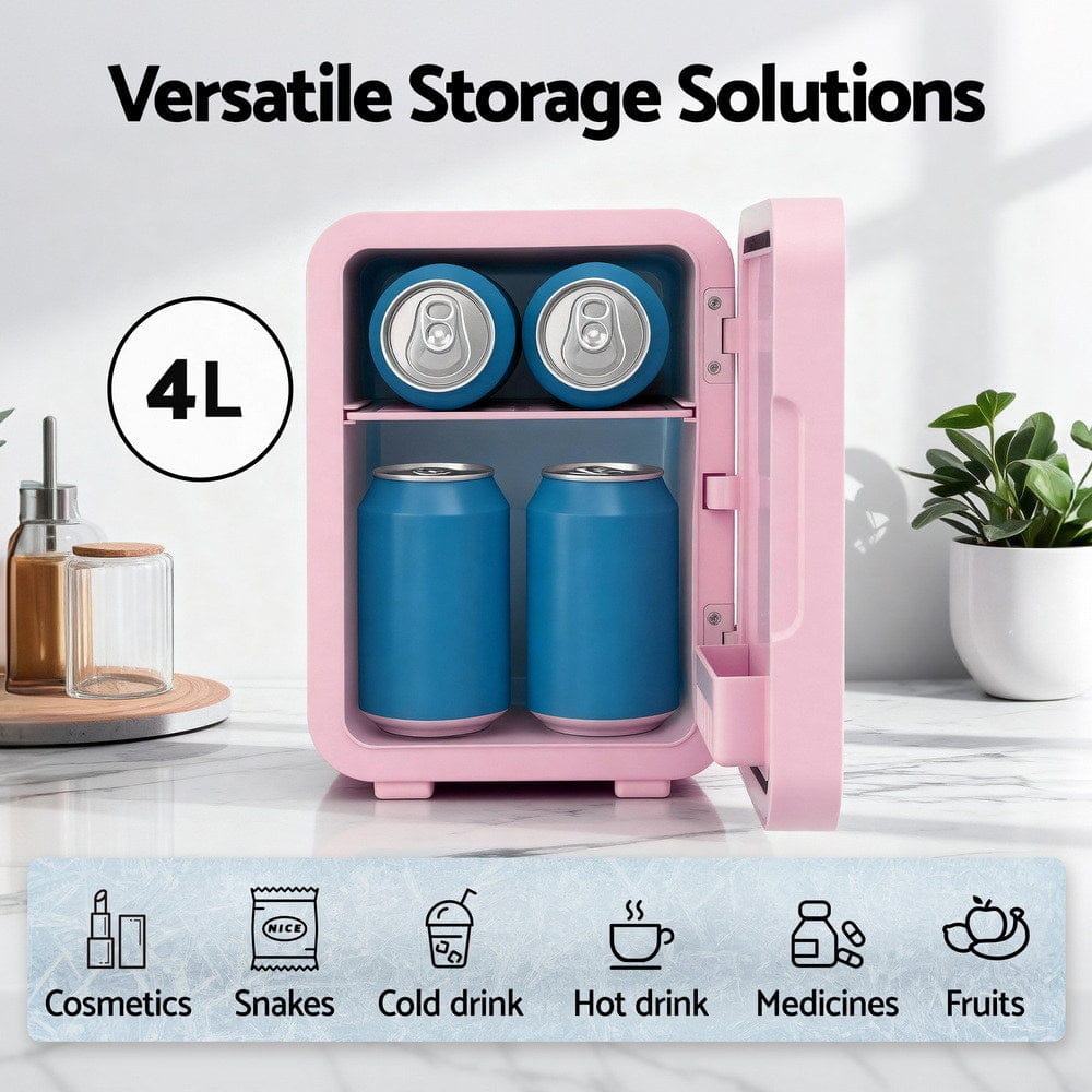 Glacio Mini Fridge Skincare Beauty Cooler Warmer LED Mirror 12V 220V Pink 4L - SportZone.co.nz