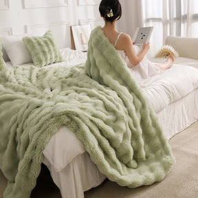 Green Luxury Tuscany Fleece Rabbit Fur Bubble Blanket - Double - Sided Thickened Soft Plush Large Bedding Set(180x200 CM Large Blanket + 2 Pack 45x45 CM Cushion Cover) - SportZone.co.nz