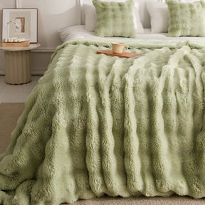 Green Luxury Tuscany Fleece Rabbit Fur Bubble Blanket - Double - Sided Thickened Soft Plush Large Bedding Set(180x200 CM Large Blanket + 2 Pack 45x45 CM Cushion Cover) - SportZone.co.nz