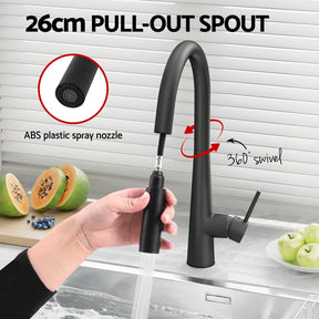 Kitchen Mixer Tap Pull Out Round 2 Mode Sink Basin Faucet Swivel WELS Black - SportZone.co.nz