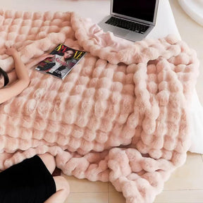 Pink Luxury Tuscany Fleece Rabbit Fur Bubble Blanket (200 x 230 CM) - Double - Sided Thickened Soft Plush Bedding & Extra Large Bed Blanket - SportZone.co.nz