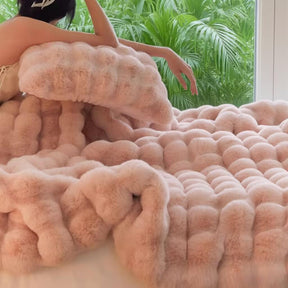 Pink Luxury Tuscany Fleece Rabbit Fur Bubble Blanket - Double - Sided Thickened Soft Plush Large Bedding Set(180x200 CM Large Blanket + 2 Pack 45x45 CM Cushion Cover) - SportZone.co.nz