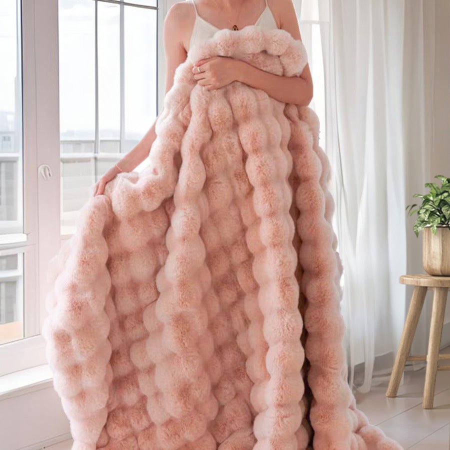 Pink Luxury Tuscany Fleece Rabbit Fur Bubble Blanket - Double - Sided Thickened Soft Plush Large Bedding Set(180x200 CM Large Blanket + 2 Pack 45x45 CM Cushion Cover) - SportZone.co.nz