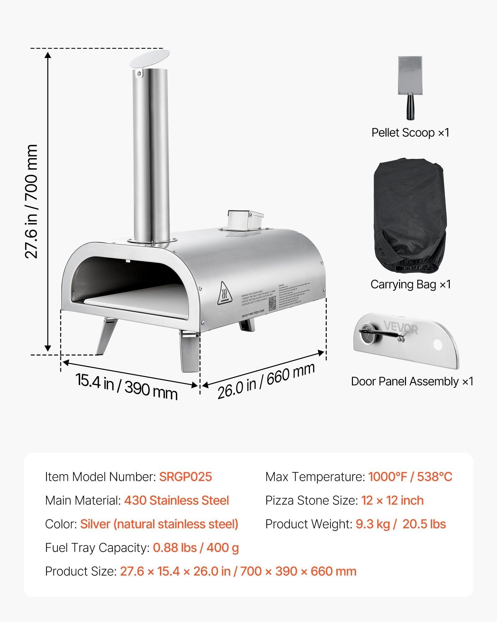 Pizza Oven Outdoor, 12" Pellet Pizza Oven, Portable Pizza-Stove with Built-in Thermometer, Wood Fired Stainless Steel Pizza-Maker, for Backyard, Camping, Pizza-Stone, Shovel, Carry Bag, Silver - SportZone.co.nz