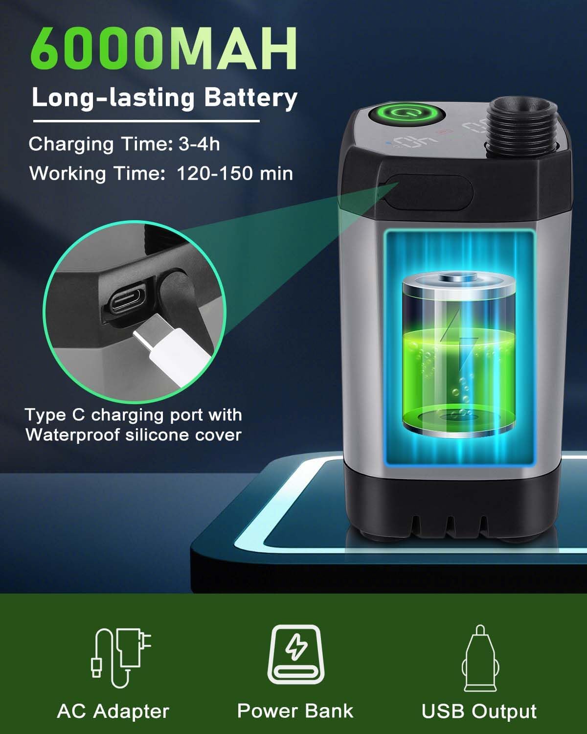 Portable Shower Pump with Rechargeable 6000mAh Battery - Outdoor Shower IPX7 Waterproof - With Temperature Display - Suitable for Camping, Car Washing and Pet Washing (Gray) - SportZone.co.nz