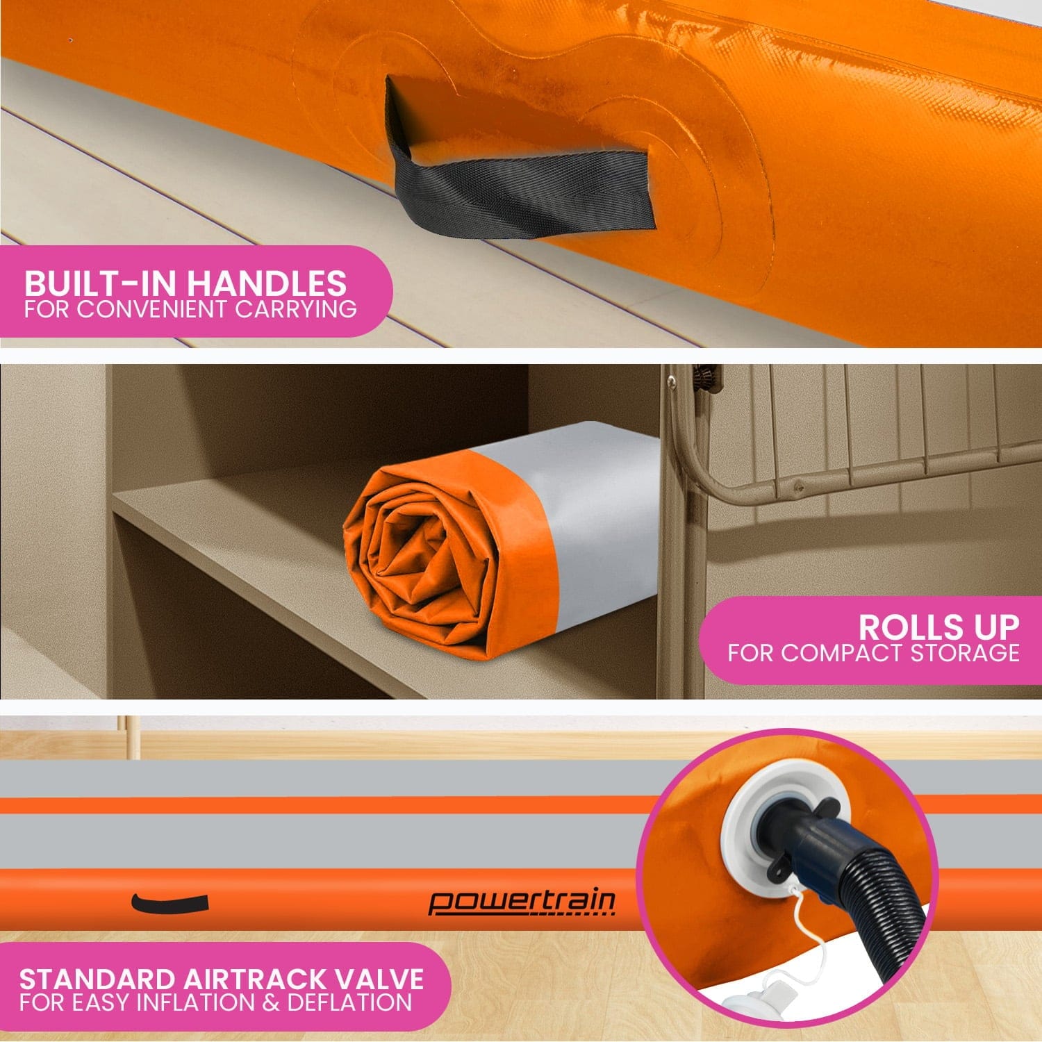 Powertrain Airtrack 20cm Thick 3m x 1m Inflatable Gymnastics Tumbling Mat Air Track - Orange - SportZone.co.nz