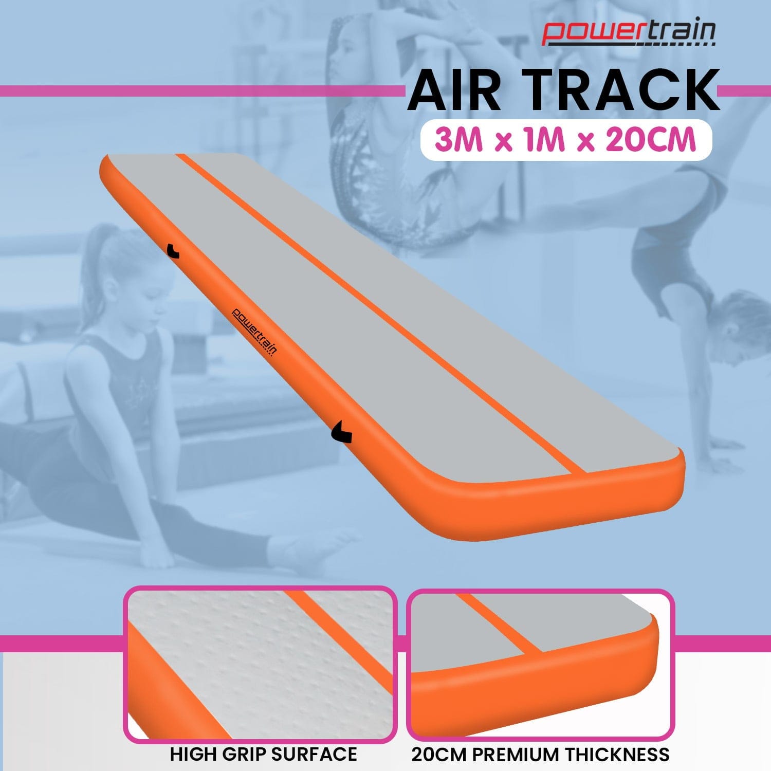Powertrain Airtrack 20cm Thick 3m x 1m Inflatable Gymnastics Tumbling Mat Air Track - Orange - SportZone.co.nz