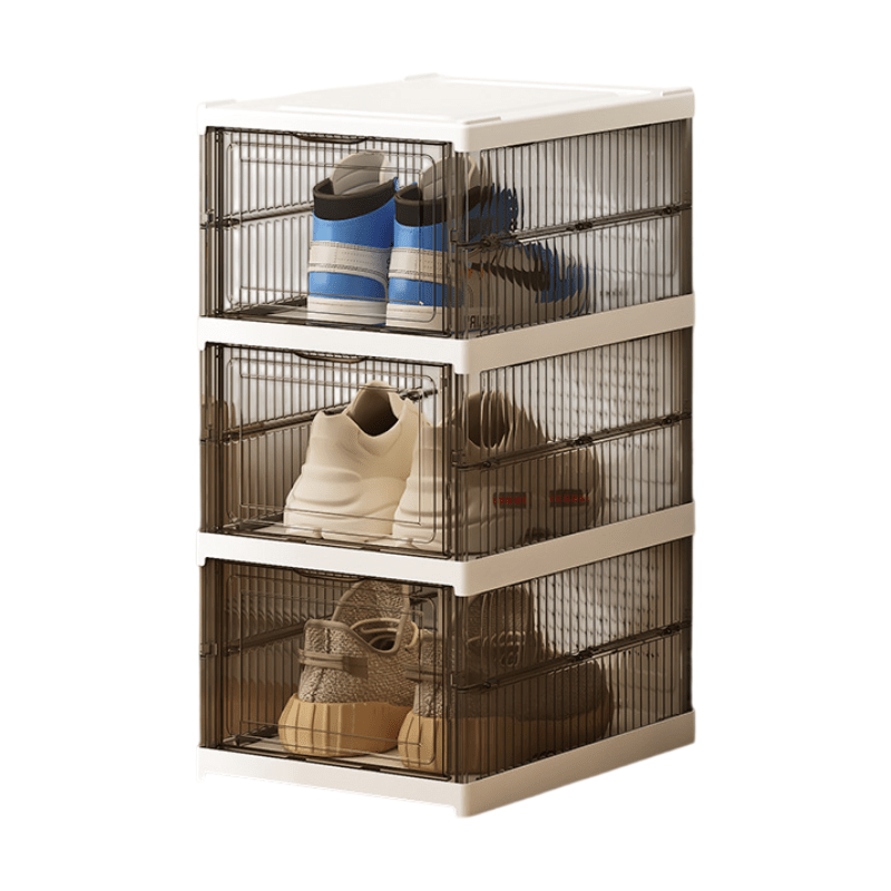 Transparent Grey 3 - Layer Foldable Shoe Storage Tower with Transparent Display Panel & Back Ventilation - One - Pull Instant Setup Stackable Box (25.5x34.5x52.5CM) - SportZone.co.nz