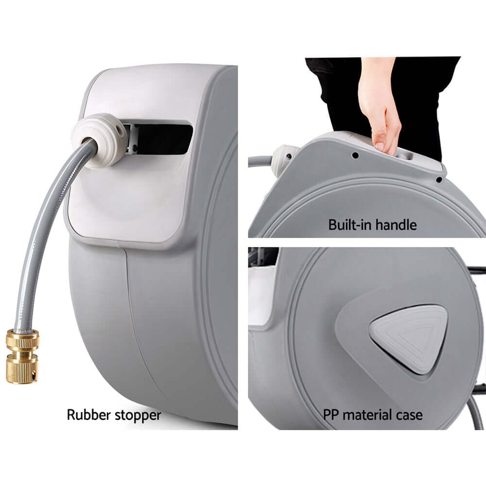 Water Hose Reel 20M Retractable Auto Rewind Garden Brass Spray Gun - SportZone.co.nz