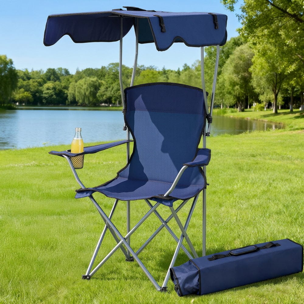 Weisshorn Camping Chair With Canopy Folding Outdoor Portable Seat Lightweight Beach Picnic Fishing Capacity 120KG Navy Blue - SportZone.co.nz