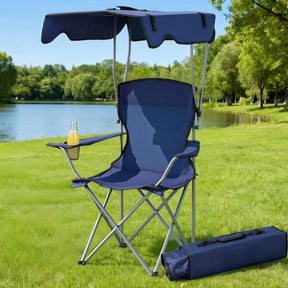 Weisshorn Camping Chair With Canopy Folding Outdoor Portable Seat Lightweight Beach Picnic Fishing Capacity 120KG Navy Blue - SportZone.co.nz