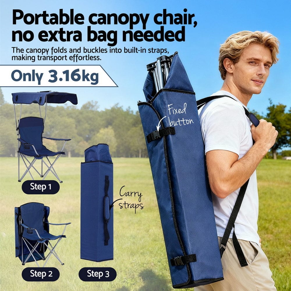 Weisshorn Camping Chair With Canopy Folding Outdoor Portable Seat Lightweight Beach Picnic Fishing Capacity 120KG Navy Blue - SportZone.co.nz