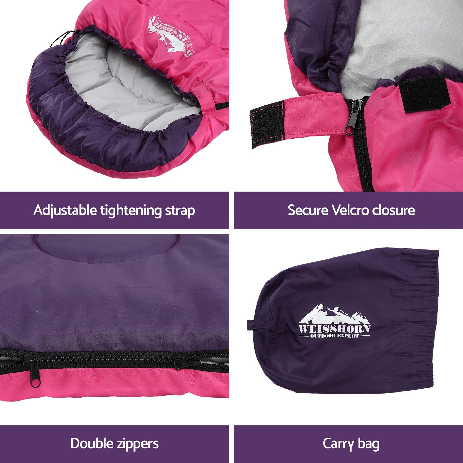 Weisshorn Sleeping Bag Single 213cm Thermal Camping Hiking Pink - SportZone.co.nz