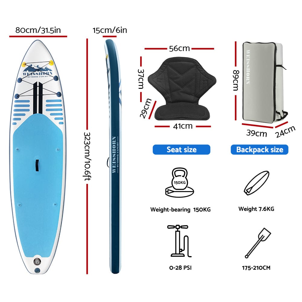 Weisshorn Stand Up Paddle Board 10.6ft Inflatable SUP Surfboard Paddleboard Kayak Surf Blue - SportZone.co.nz