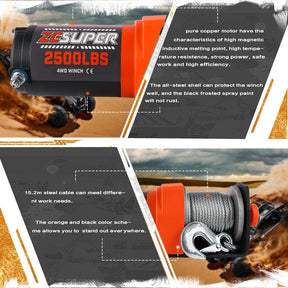 ZESUPER Electric Winch 2500LBS/1134KG 12V 15.2M Steel Cable ATV UTV 4WD 4X4 Boat - SportZone.co.nz