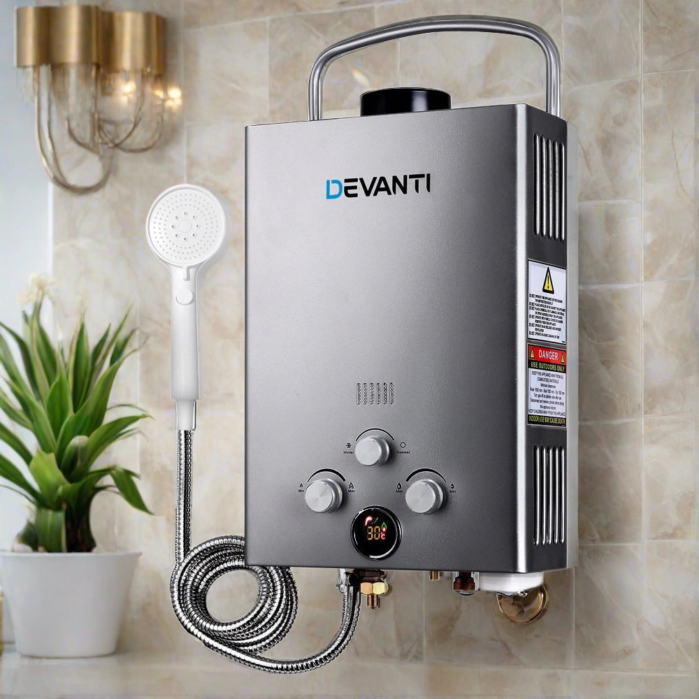 Devanti Portable Gas Water Heater 8L/Min LPG System Grey