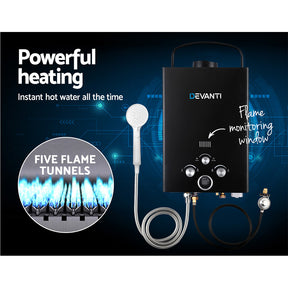 Devanti Portable Gas Water Heater 8L/Min LPG System Black