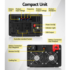 Giantz Power Inverter 12V to 240V 2500W/5000W Pure Sine Wave Camping Car Boat