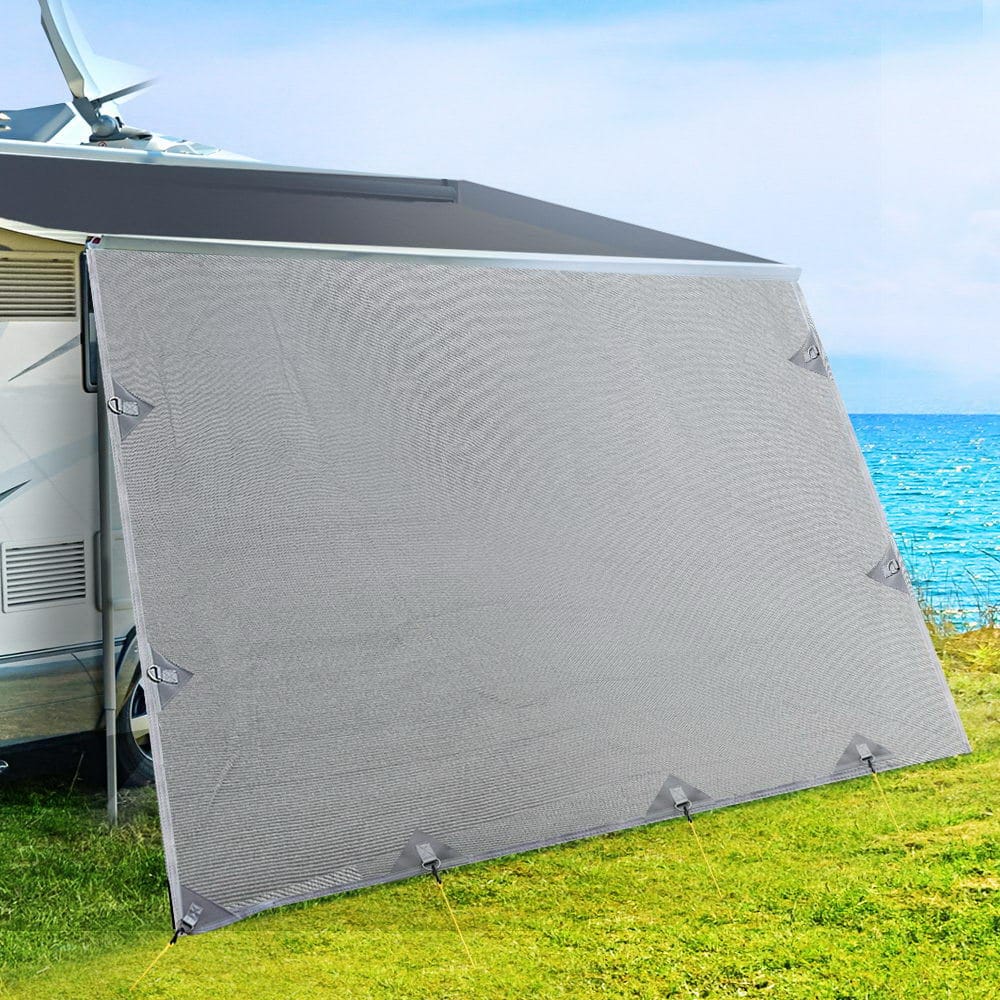 Caravan Privacy Screen Roll Out Awning 4.6x1.95M End Wall Side Sun Shade Grey - SportZone.co.nz
