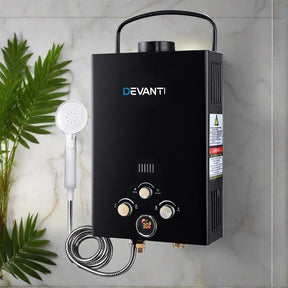 Devanti Portable Gas Water Heater 8L/Min LPG System Black - SportZone.co.nz