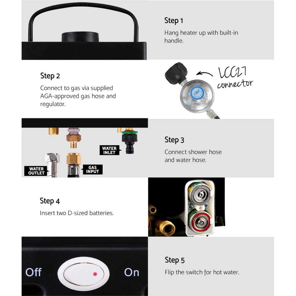 Devanti Portable Gas Water Heater 8L/Min LPG System Black - SportZone.co.nz