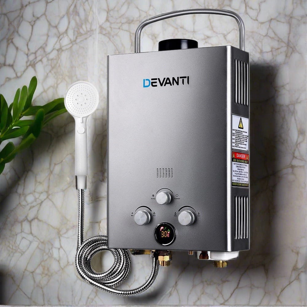 Devanti Portable Gas Water Heater 8L/Min With Pump LPG System Grey - SportZone.co.nz