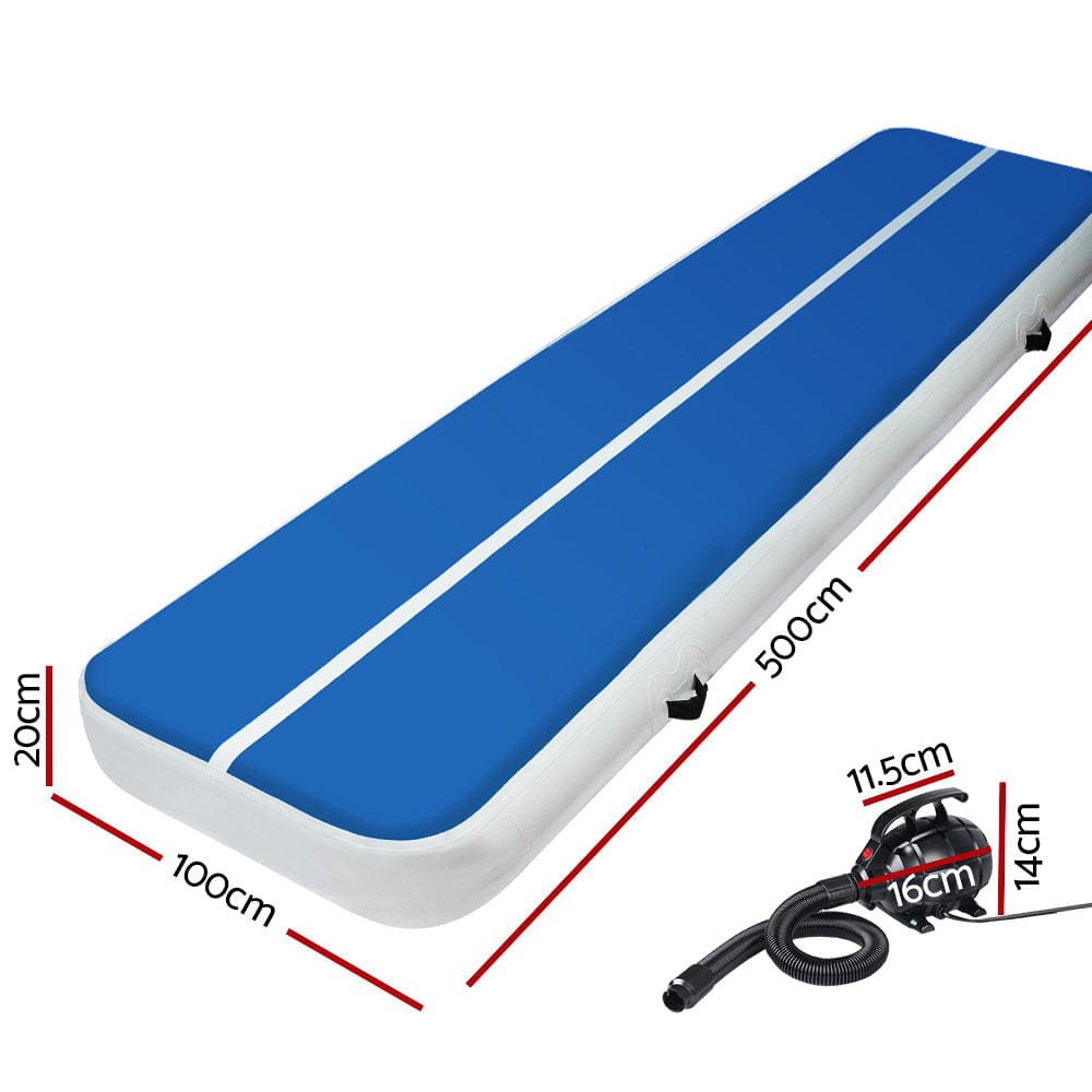 Everfit 5X1M Inflatable Air Track Mat 20CM Thick with Pump Tumbling Gymnastics Blue - SportZone.co.nz