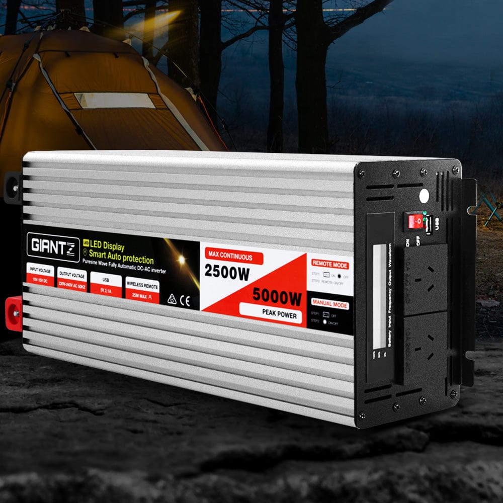 Giantz Power Inverter 12V to 240V 2500W/5000W Pure Sine Wave Camping Car Boat - SportZone.co.nz
