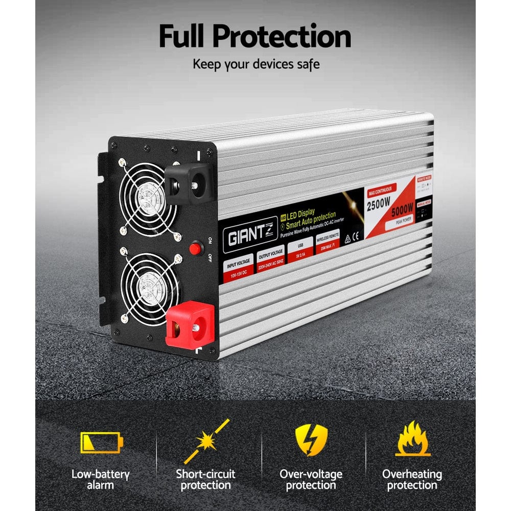 Giantz Power Inverter 12V to 240V 2500W/5000W Pure Sine Wave Camping Car Boat - SportZone.co.nz